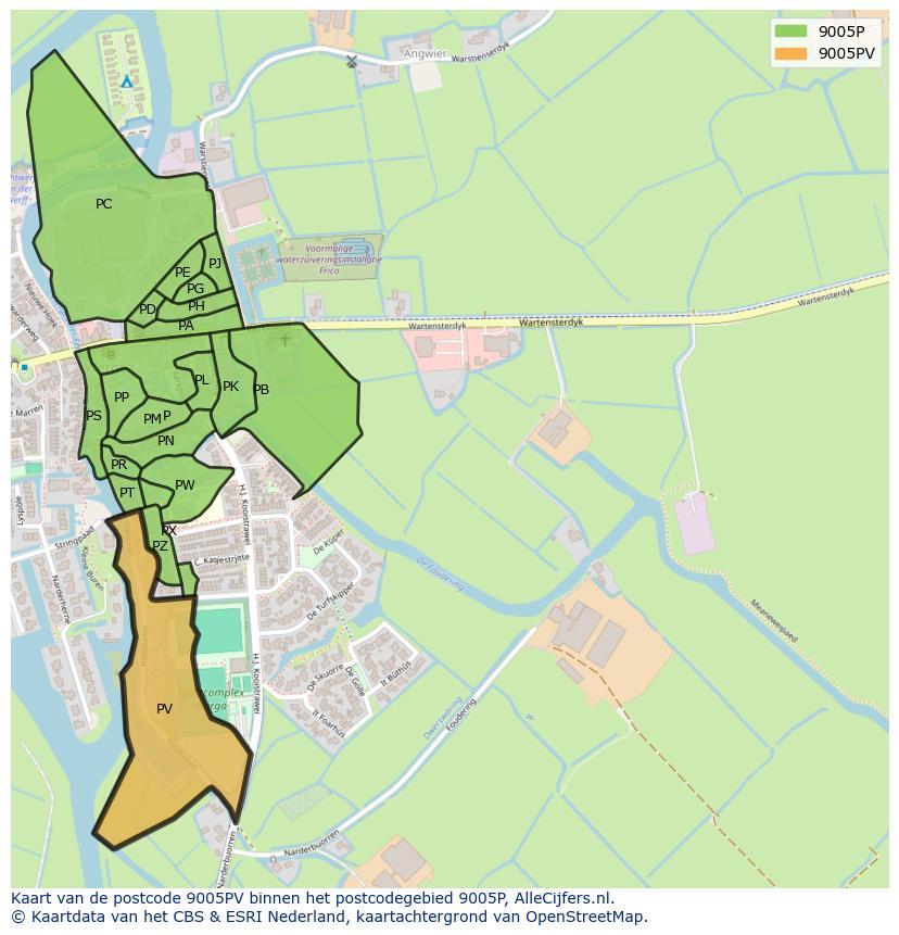 Afbeelding van het postcodegebied 9005 PV op de kaart.