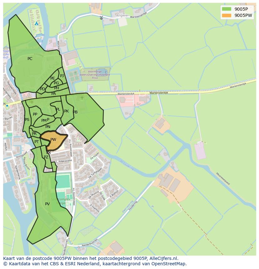 Afbeelding van het postcodegebied 9005 PW op de kaart.