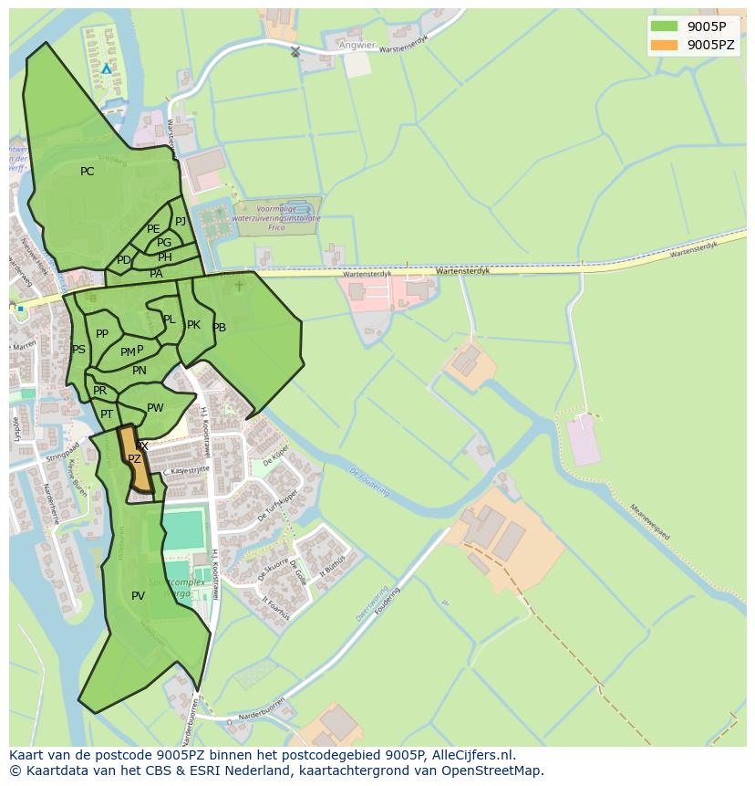Afbeelding van het postcodegebied 9005 PZ op de kaart.