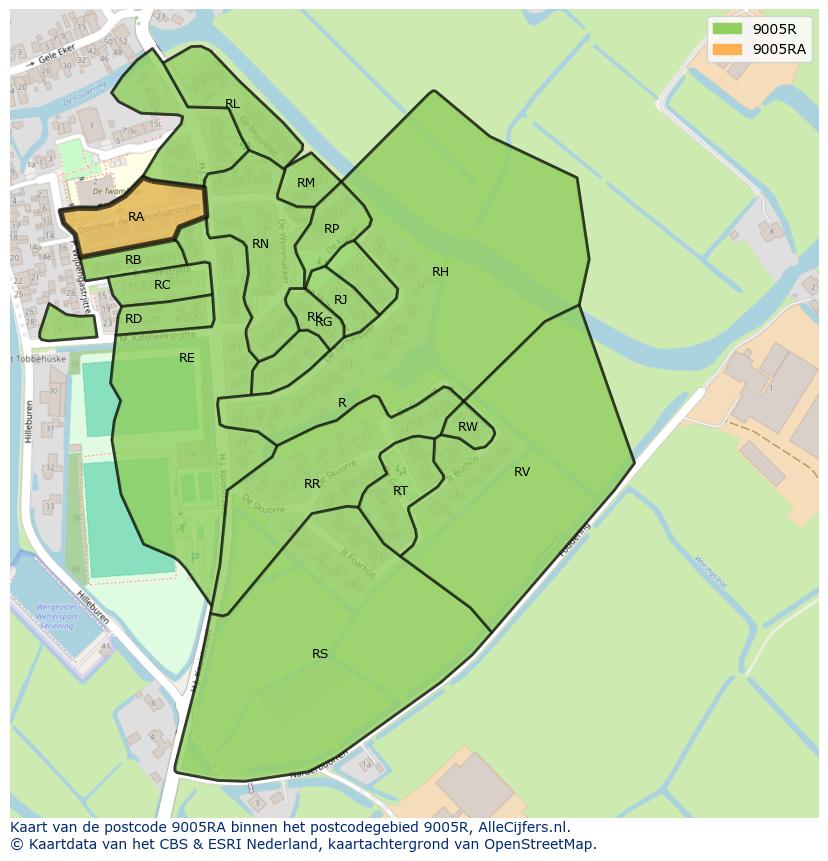 Afbeelding van het postcodegebied 9005 RA op de kaart.