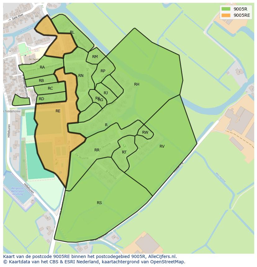 Afbeelding van het postcodegebied 9005 RE op de kaart.