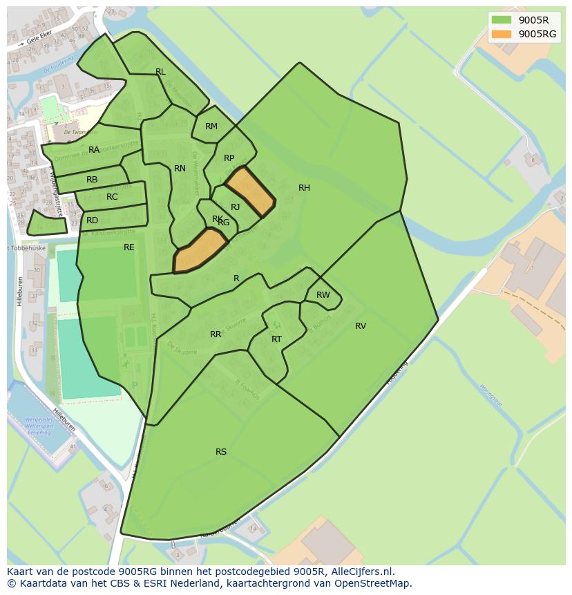 Afbeelding van het postcodegebied 9005 RG op de kaart.