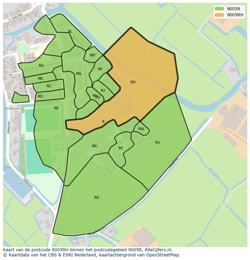 Afbeelding van het postcodegebied 9005 RH op de kaart.