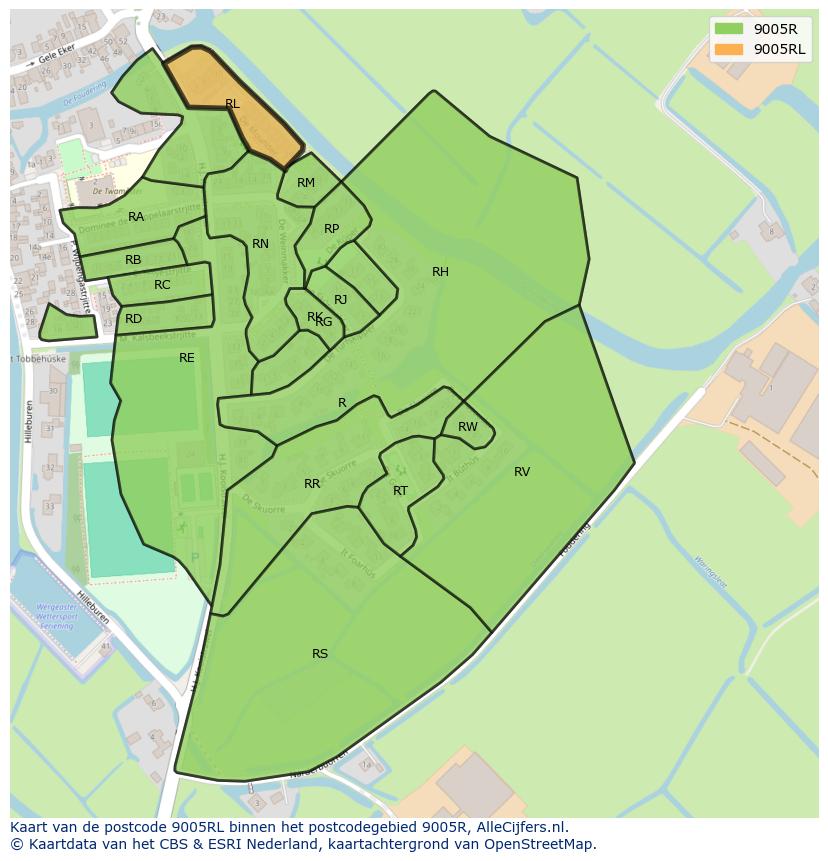 Afbeelding van het postcodegebied 9005 RL op de kaart.