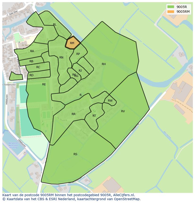 Afbeelding van het postcodegebied 9005 RM op de kaart.