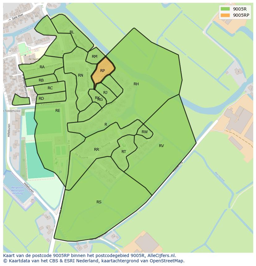 Afbeelding van het postcodegebied 9005 RP op de kaart.