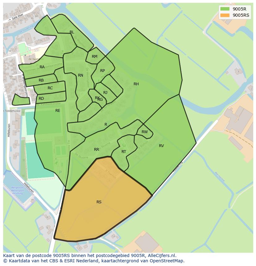 Afbeelding van het postcodegebied 9005 RS op de kaart.