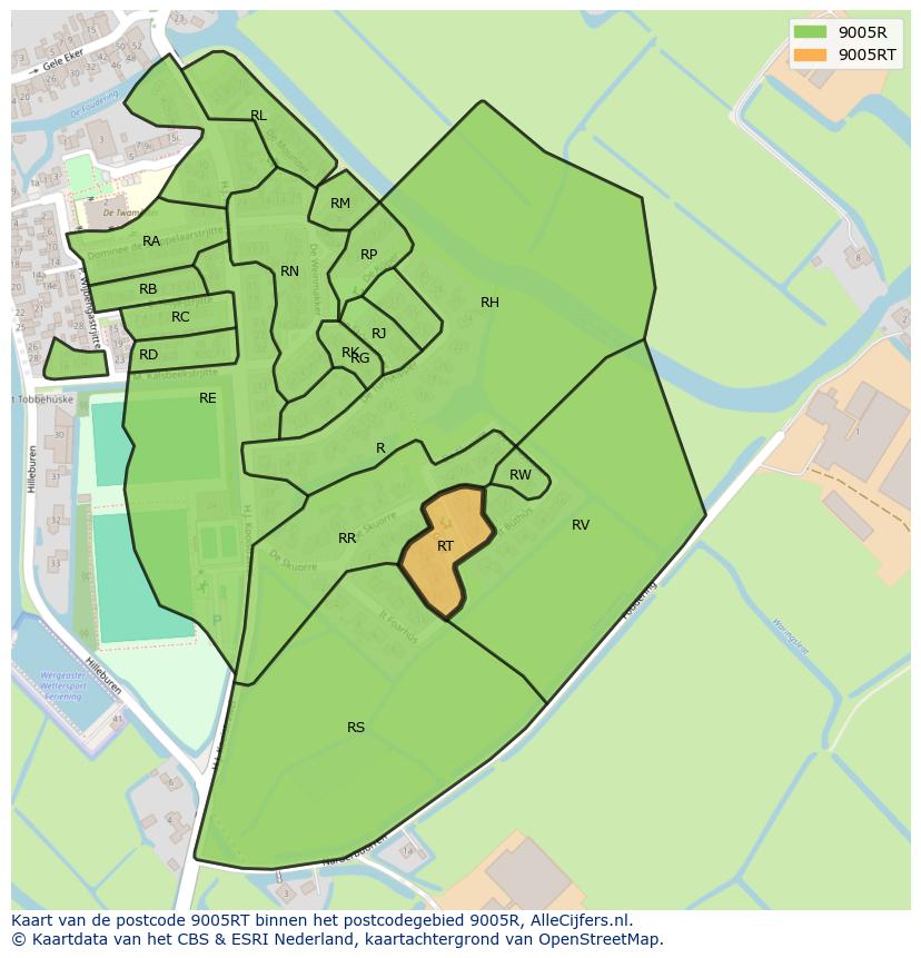 Afbeelding van het postcodegebied 9005 RT op de kaart.
