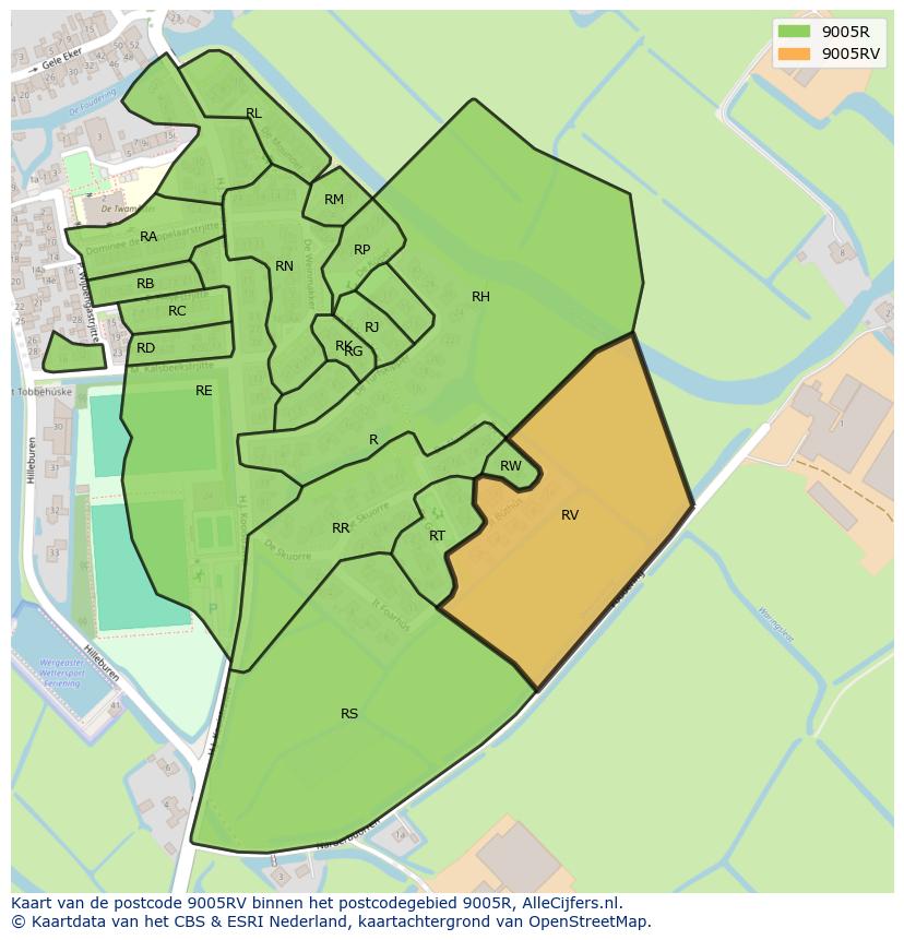 Afbeelding van het postcodegebied 9005 RV op de kaart.