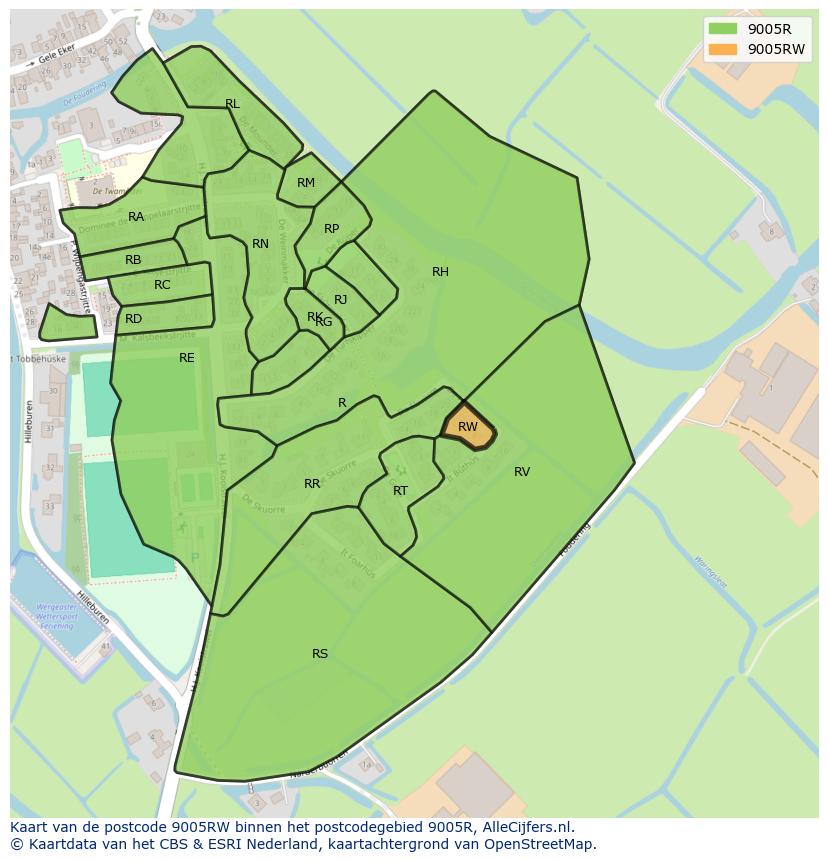 Afbeelding van het postcodegebied 9005 RW op de kaart.