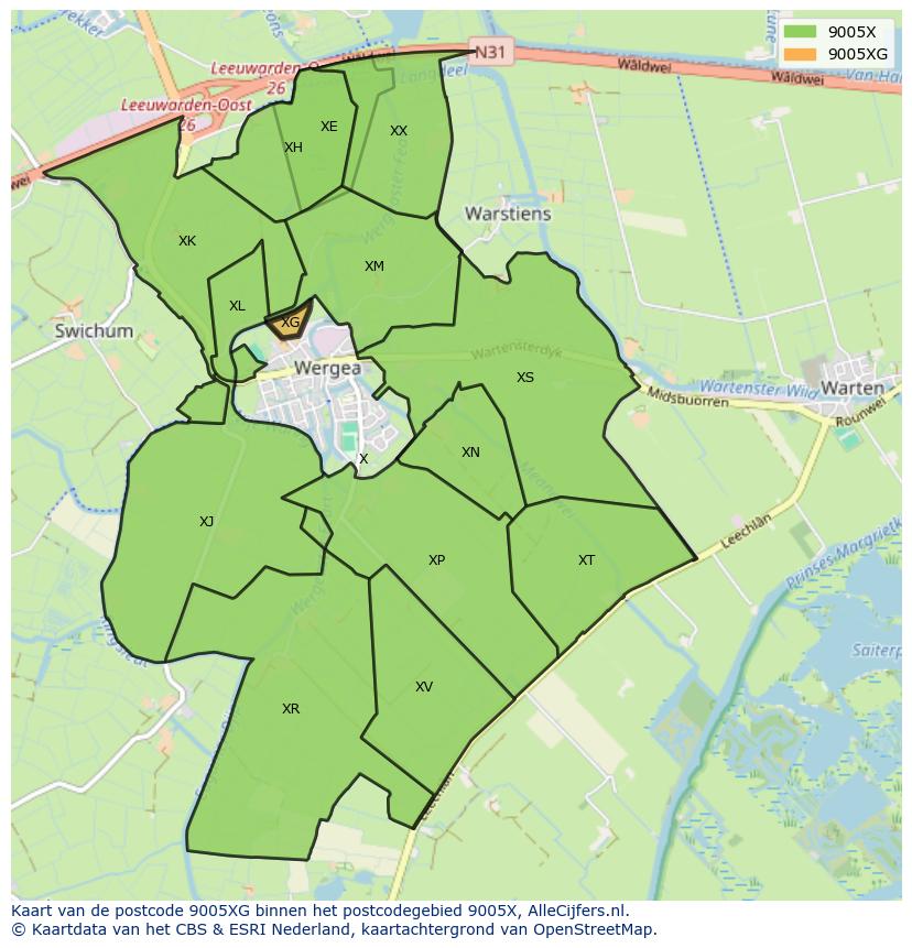 Afbeelding van het postcodegebied 9005 XG op de kaart.