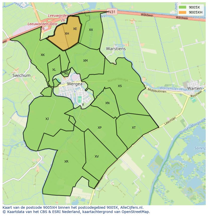Afbeelding van het postcodegebied 9005 XH op de kaart.
