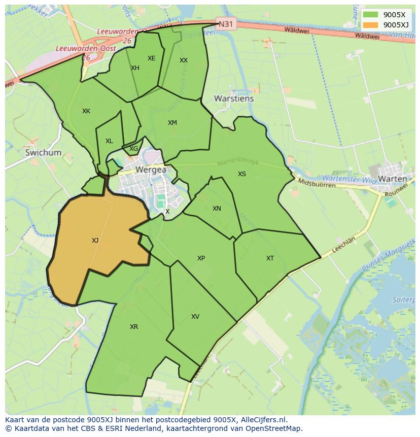 Afbeelding van het postcodegebied 9005 XJ op de kaart.