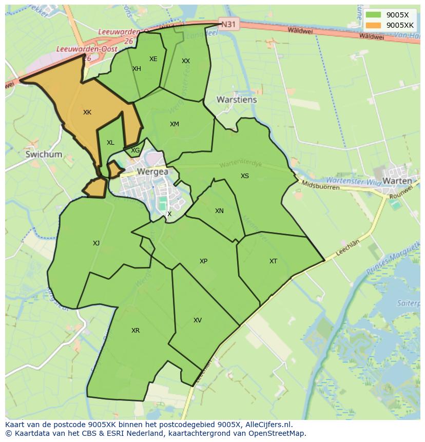 Afbeelding van het postcodegebied 9005 XK op de kaart.