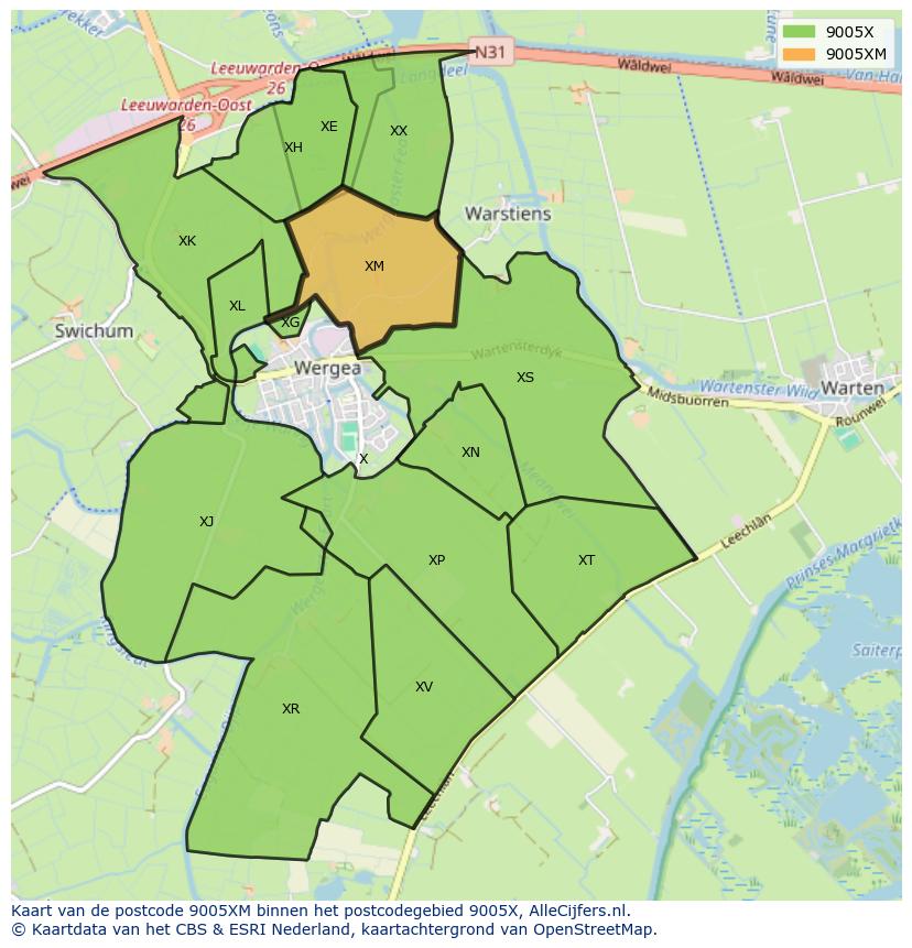 Afbeelding van het postcodegebied 9005 XM op de kaart.