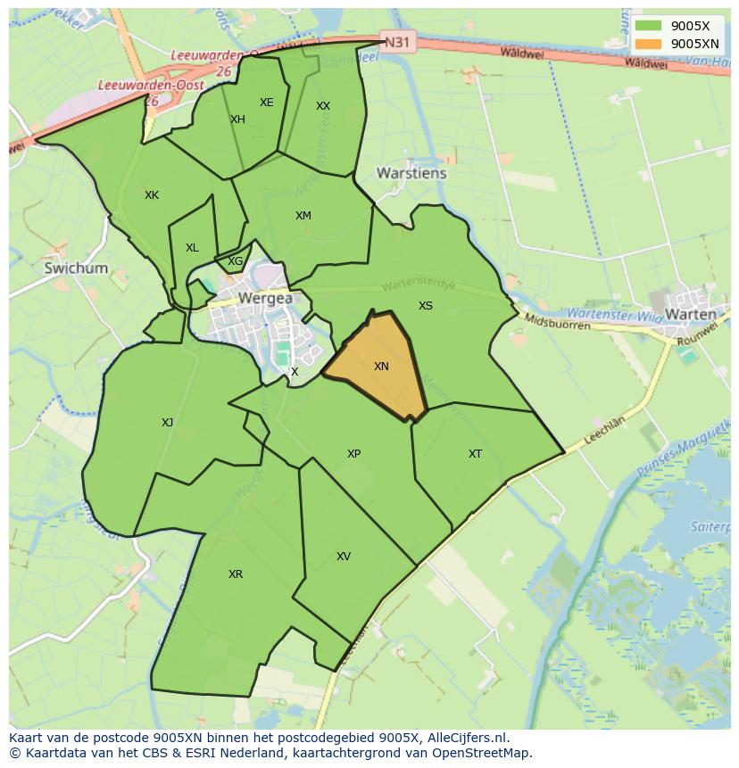 Afbeelding van het postcodegebied 9005 XN op de kaart.