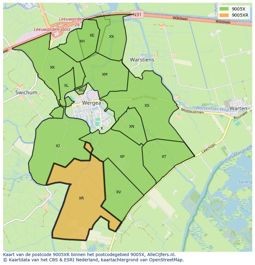 Afbeelding van het postcodegebied 9005 XR op de kaart.