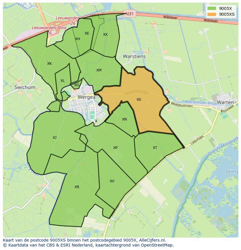 Afbeelding van het postcodegebied 9005 XS op de kaart.