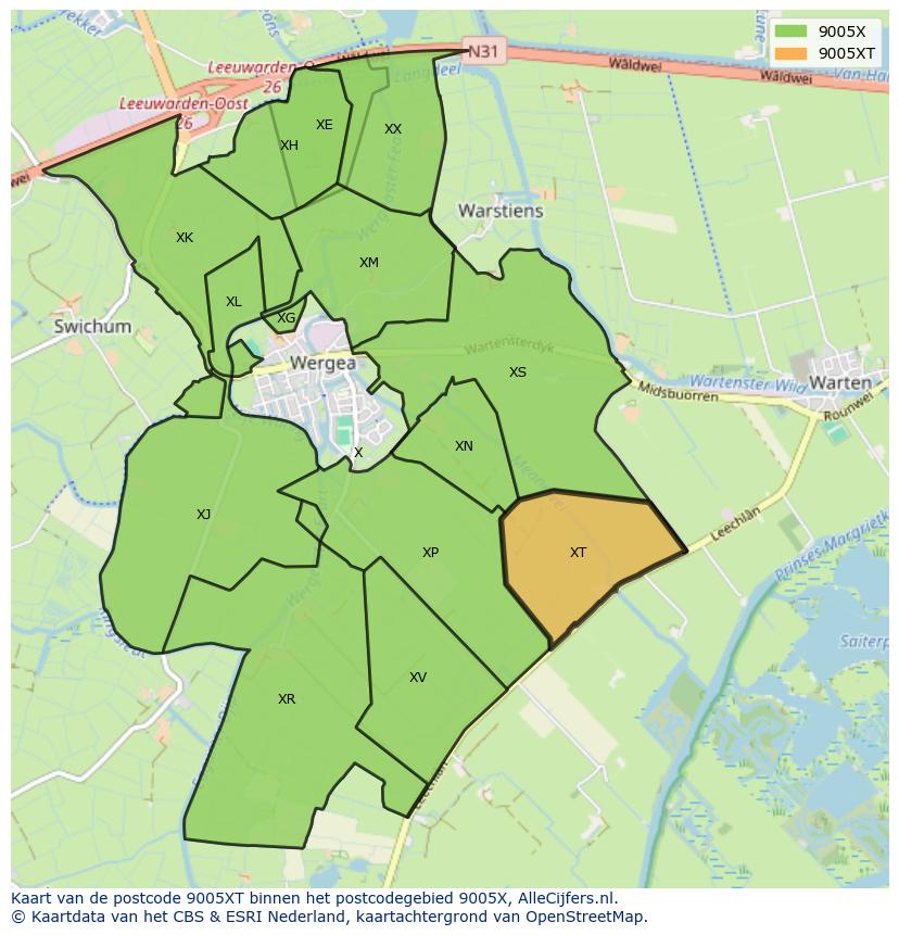 Afbeelding van het postcodegebied 9005 XT op de kaart.