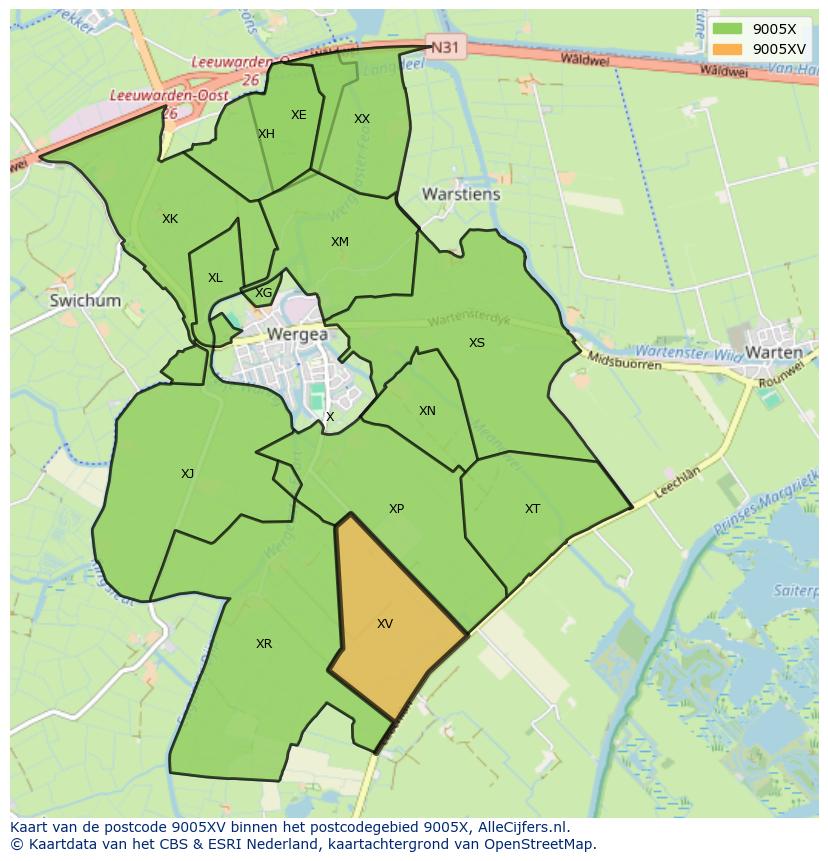 Afbeelding van het postcodegebied 9005 XV op de kaart.