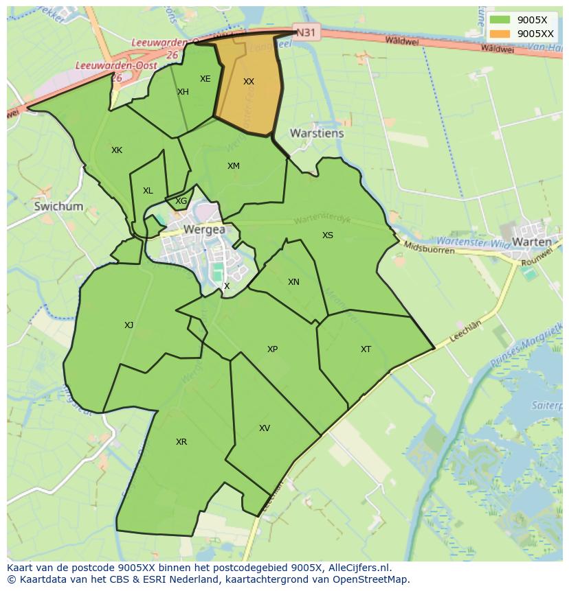 Afbeelding van het postcodegebied 9005 XX op de kaart.