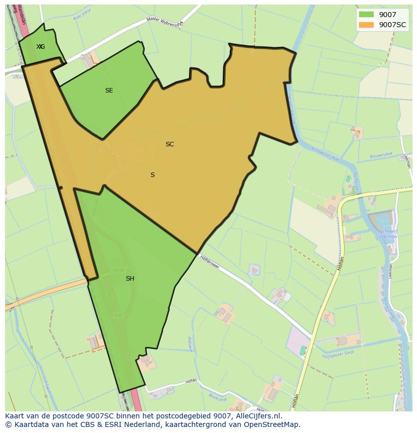 Afbeelding van het postcodegebied 9007 SC op de kaart.