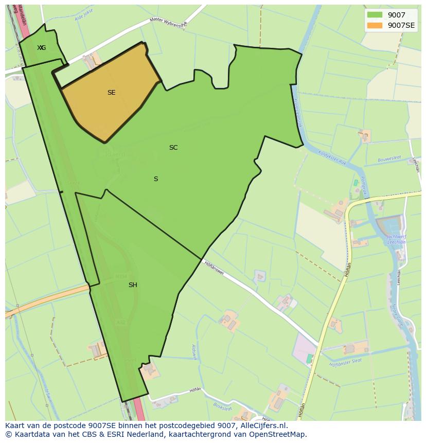 Afbeelding van het postcodegebied 9007 SE op de kaart.