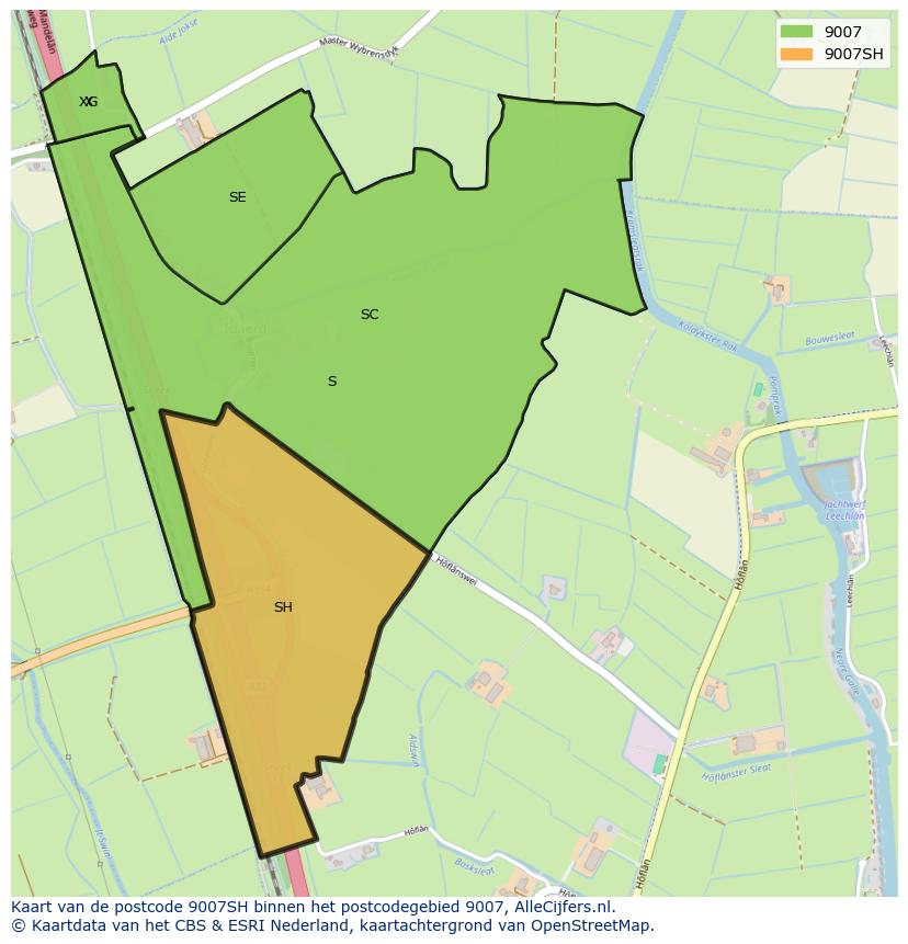Afbeelding van het postcodegebied 9007 SH op de kaart.
