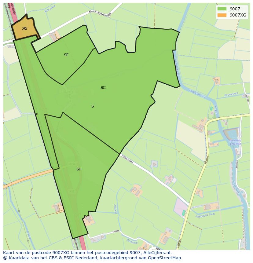 Afbeelding van het postcodegebied 9007 XG op de kaart.