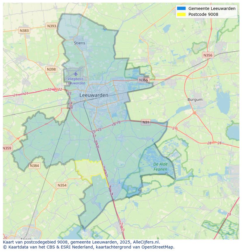 Afbeelding van het postcodegebied 9008 op de kaart.