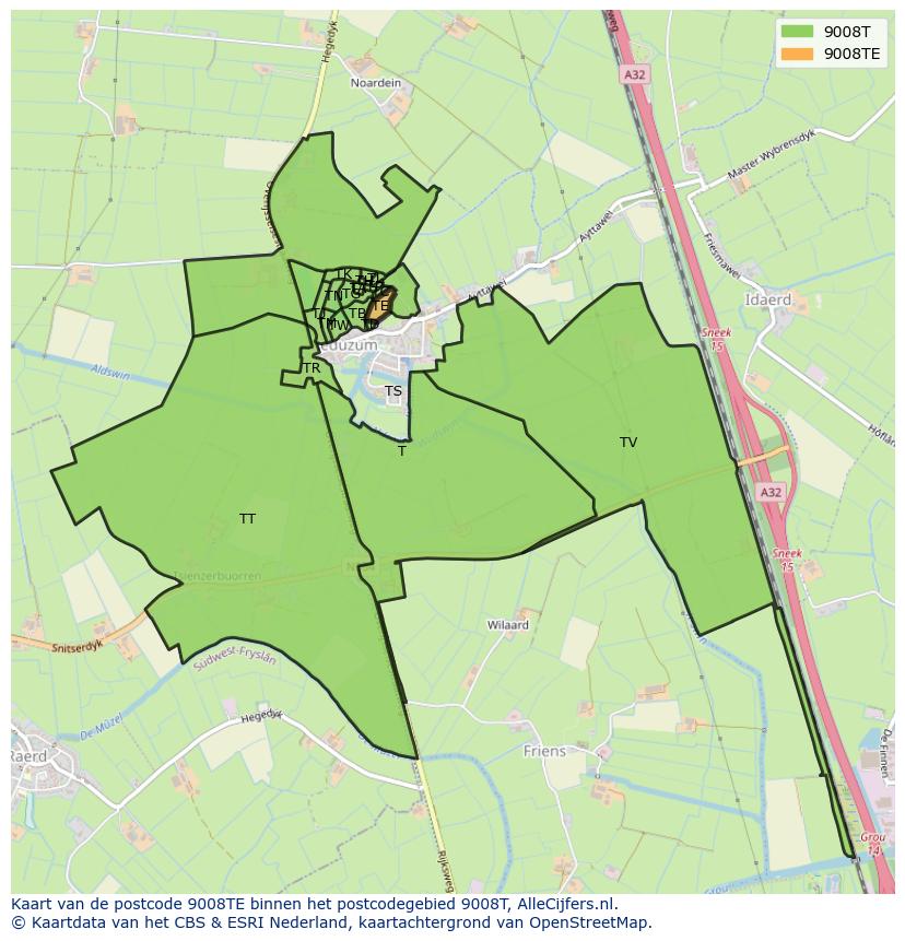 Afbeelding van het postcodegebied 9008 TE op de kaart.
