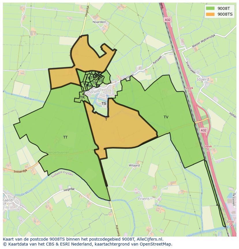 Afbeelding van het postcodegebied 9008 TS op de kaart.