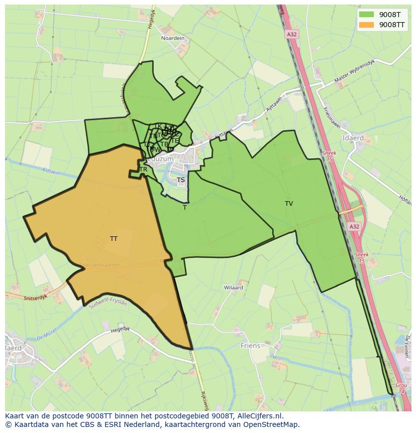 Afbeelding van het postcodegebied 9008 TT op de kaart.