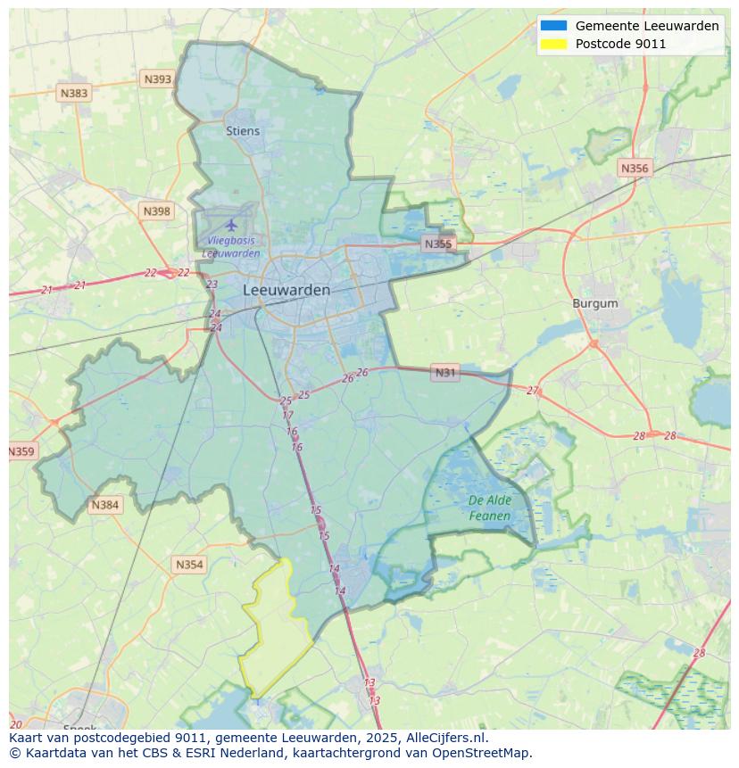 Afbeelding van het postcodegebied 9011 op de kaart.