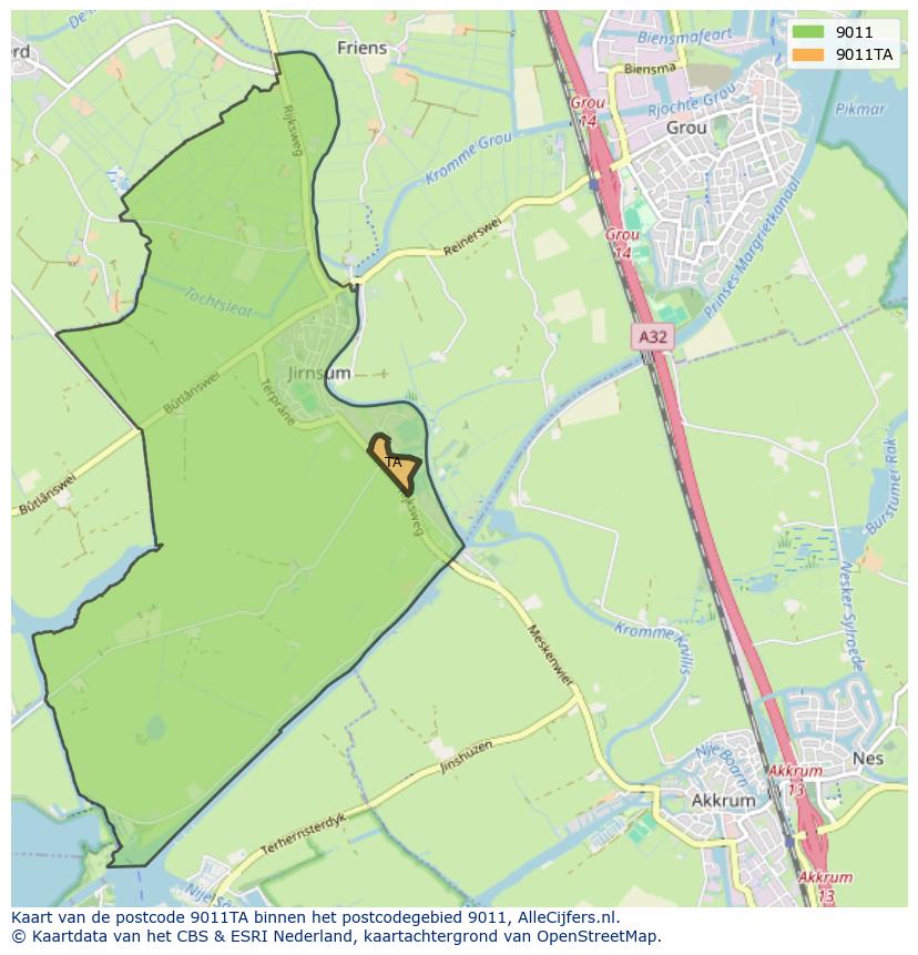 Afbeelding van het postcodegebied 9011 TA op de kaart.