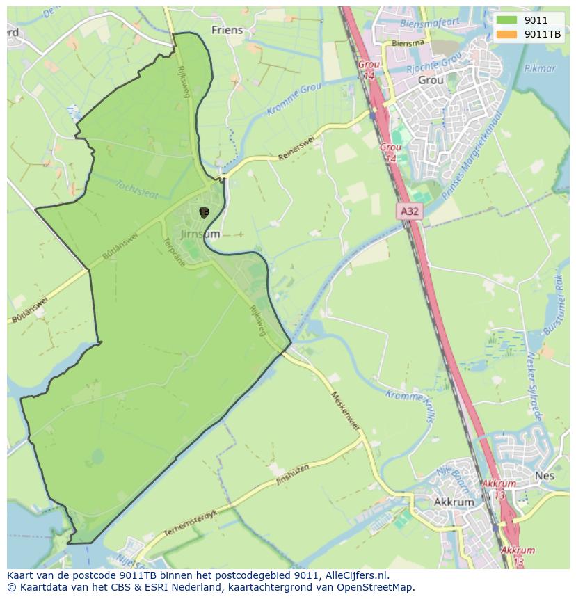 Afbeelding van het postcodegebied 9011 TB op de kaart.