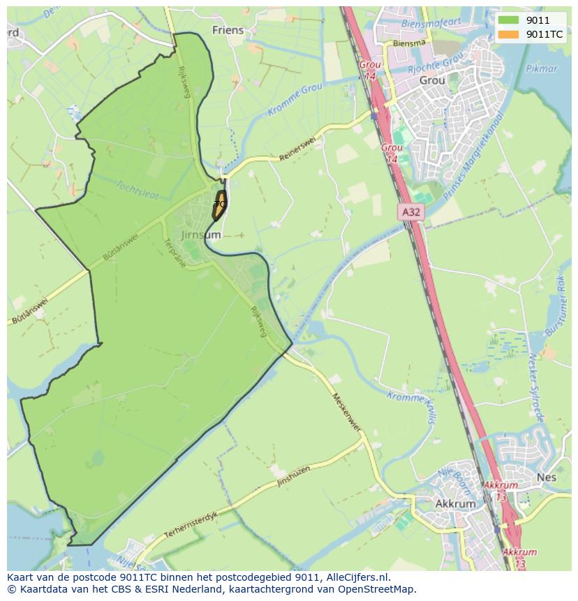 Afbeelding van het postcodegebied 9011 TC op de kaart.