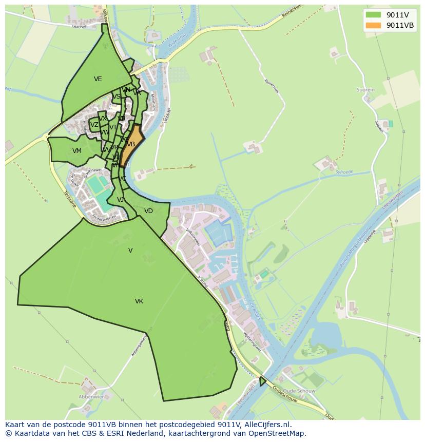 Afbeelding van het postcodegebied 9011 VB op de kaart.