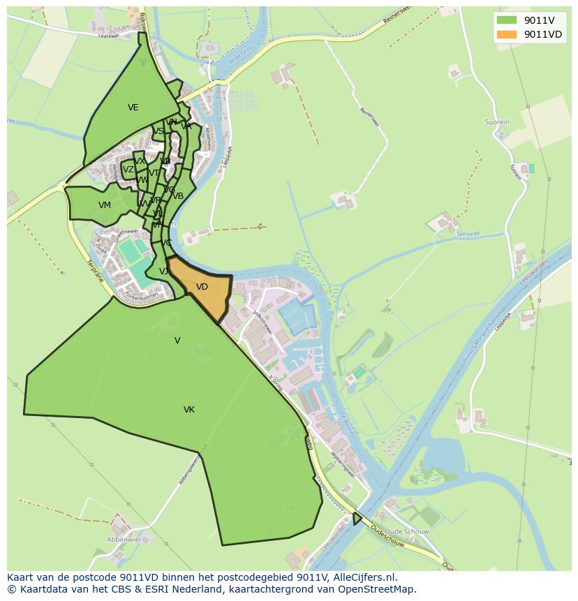 Afbeelding van het postcodegebied 9011 VD op de kaart.