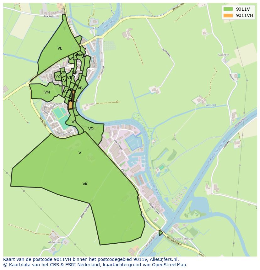 Afbeelding van het postcodegebied 9011 VH op de kaart.