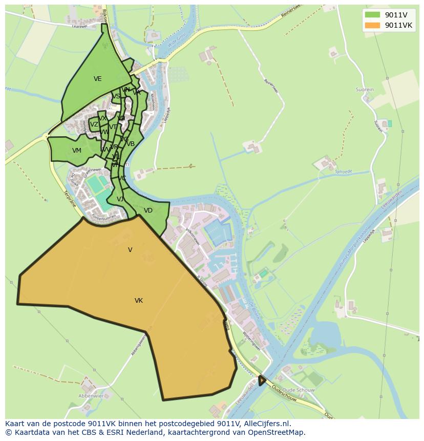 Afbeelding van het postcodegebied 9011 VK op de kaart.