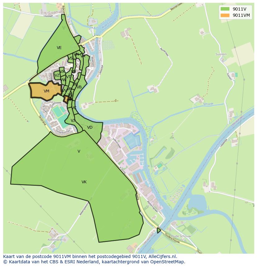 Afbeelding van het postcodegebied 9011 VM op de kaart.