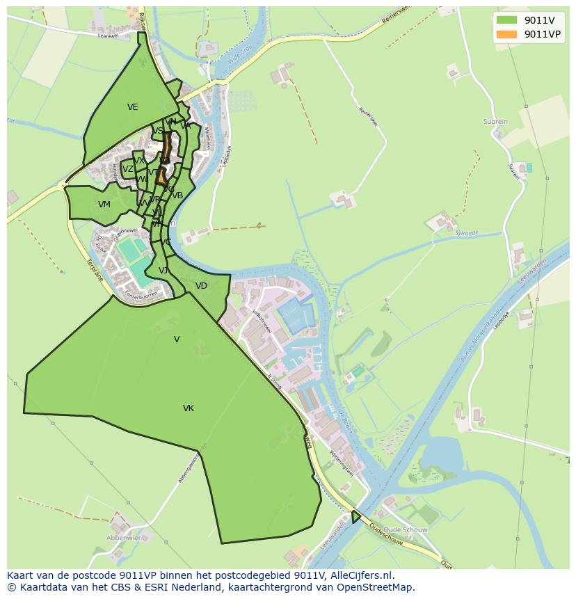 Afbeelding van het postcodegebied 9011 VP op de kaart.