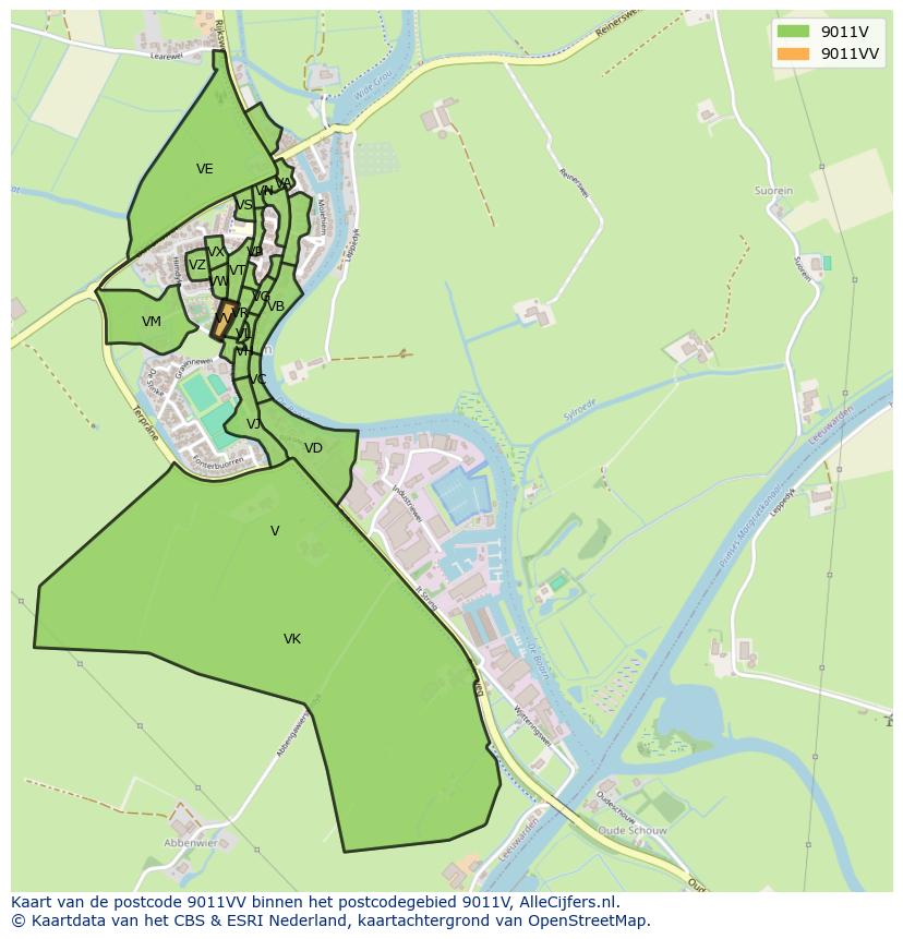 Afbeelding van het postcodegebied 9011 VV op de kaart.
