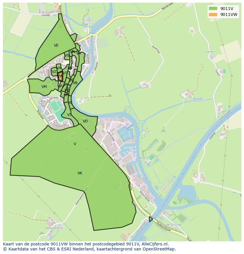 Afbeelding van het postcodegebied 9011 VW op de kaart.
