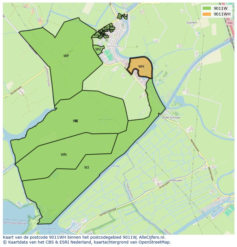 Afbeelding van het postcodegebied 9011 WH op de kaart.