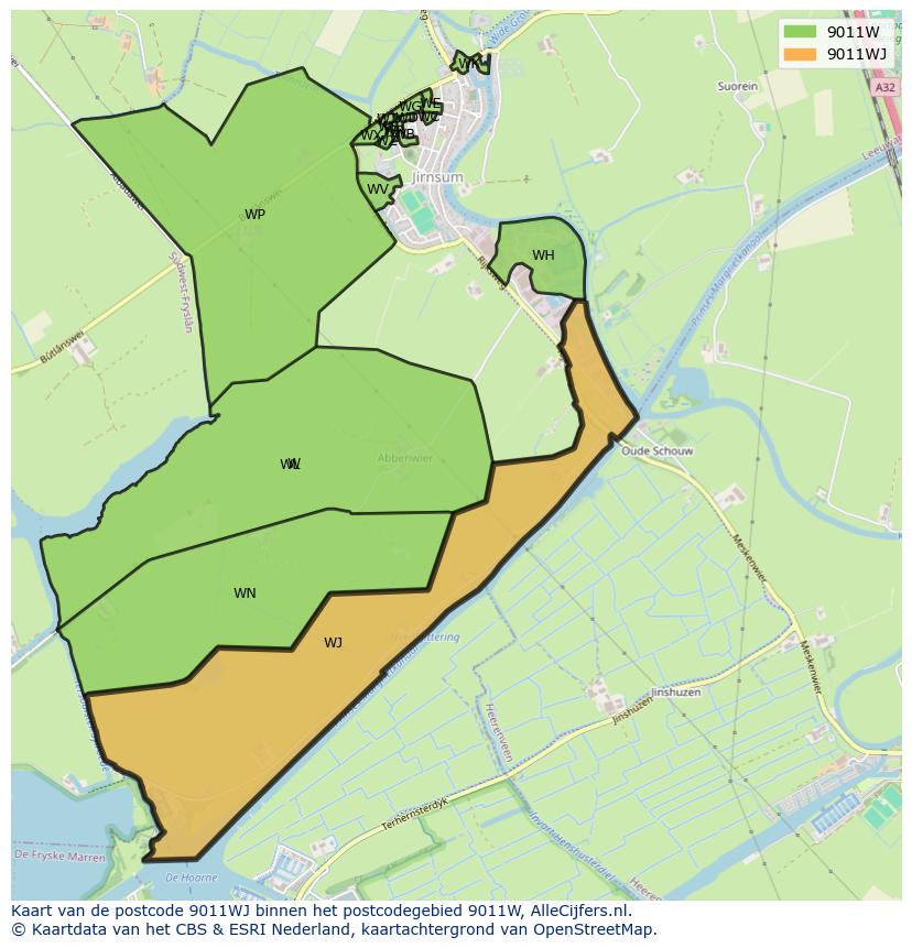 Afbeelding van het postcodegebied 9011 WJ op de kaart.