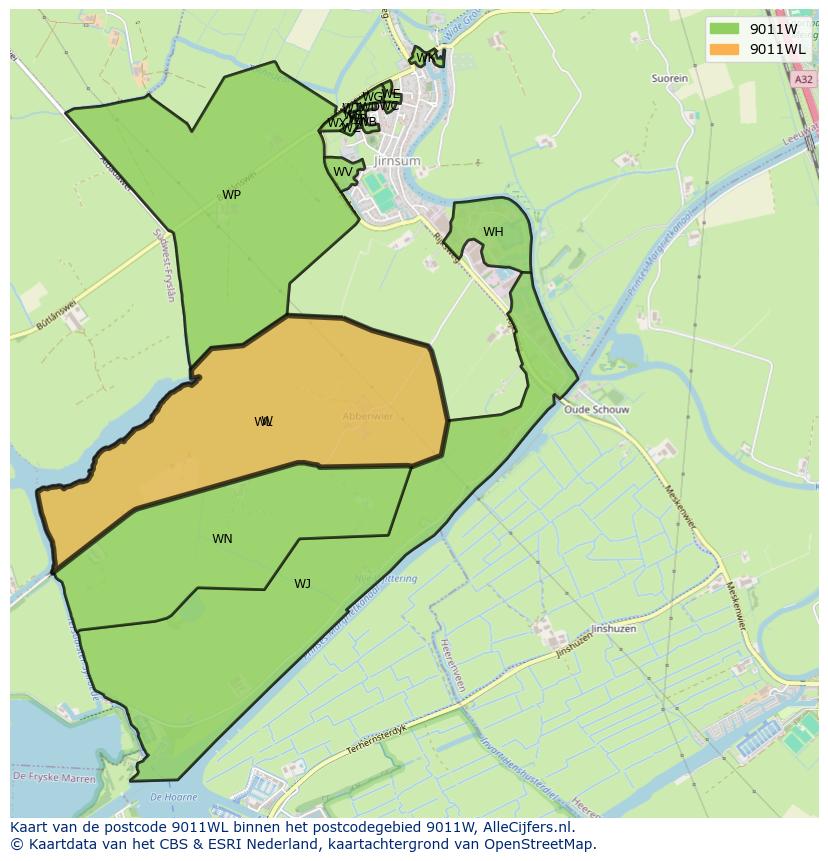 Afbeelding van het postcodegebied 9011 WL op de kaart.