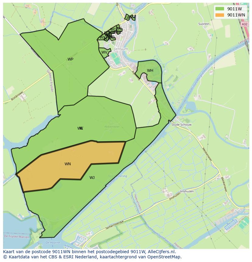Afbeelding van het postcodegebied 9011 WN op de kaart.