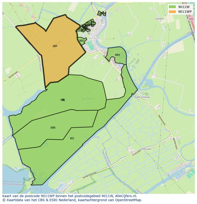 Afbeelding van het postcodegebied 9011 WP op de kaart.
